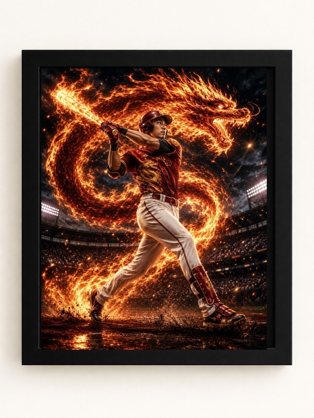 Fiery Baseball Player A.I. Art Print -8x10 Frame